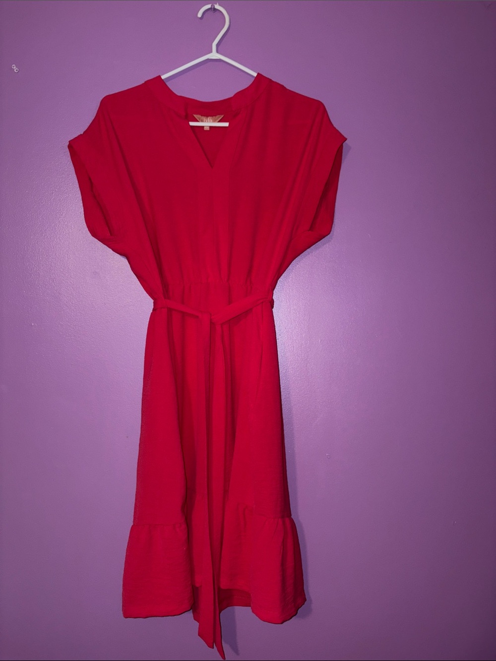 Women’s Hot Pink Belted V-Neck Midi Dress